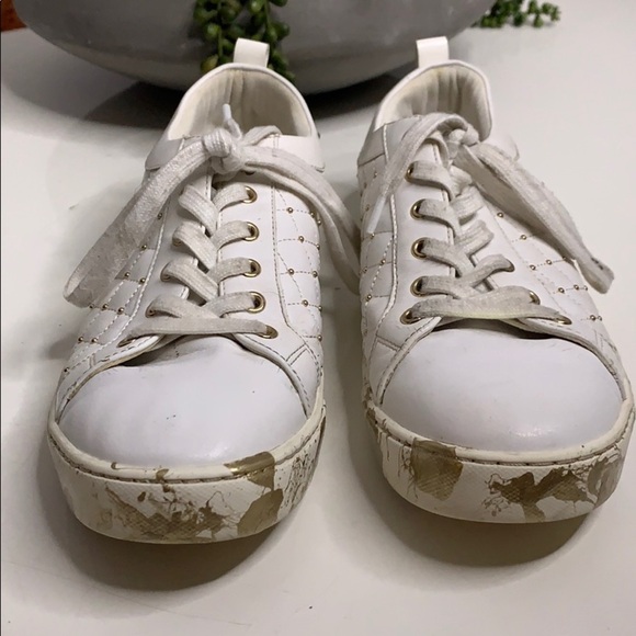 Aldo White Quilted Gold Paint faux leather sneaker casual upcycled sz 9 - Picture 4 of 9